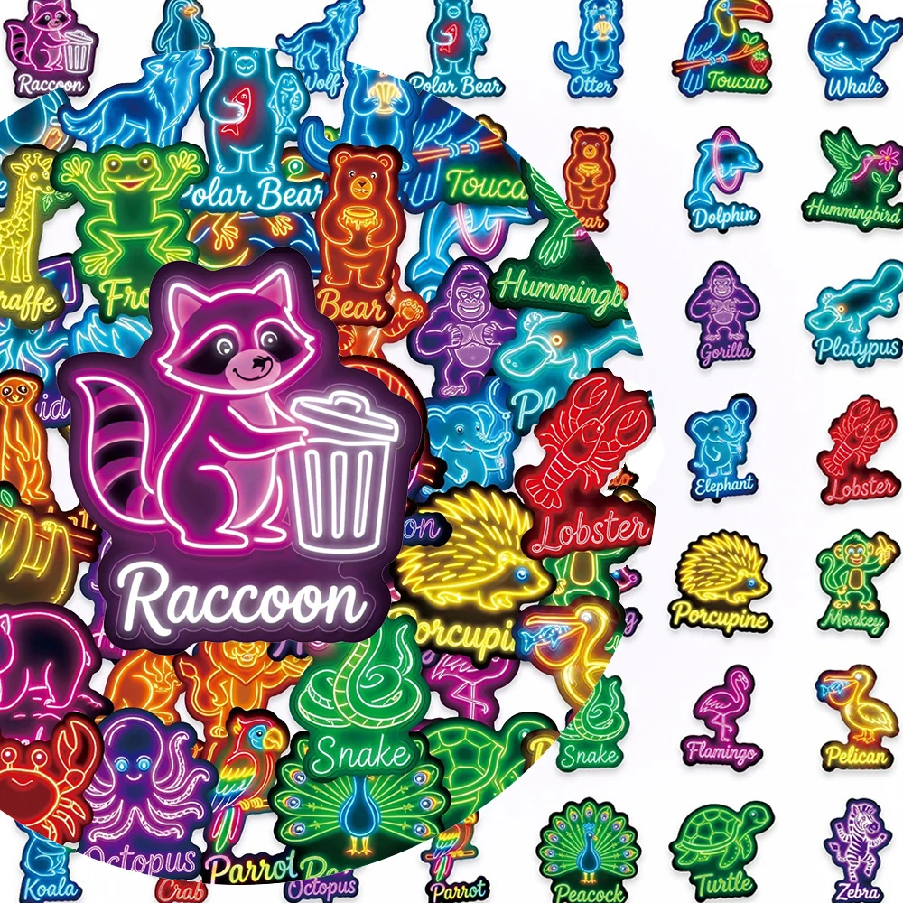 

10/30/50pcs Creative Neon Animals and Name Stickers Cute Koala Penguin Cartoon Sticker Luggage Phone Laptop Graffiti Decals Toys