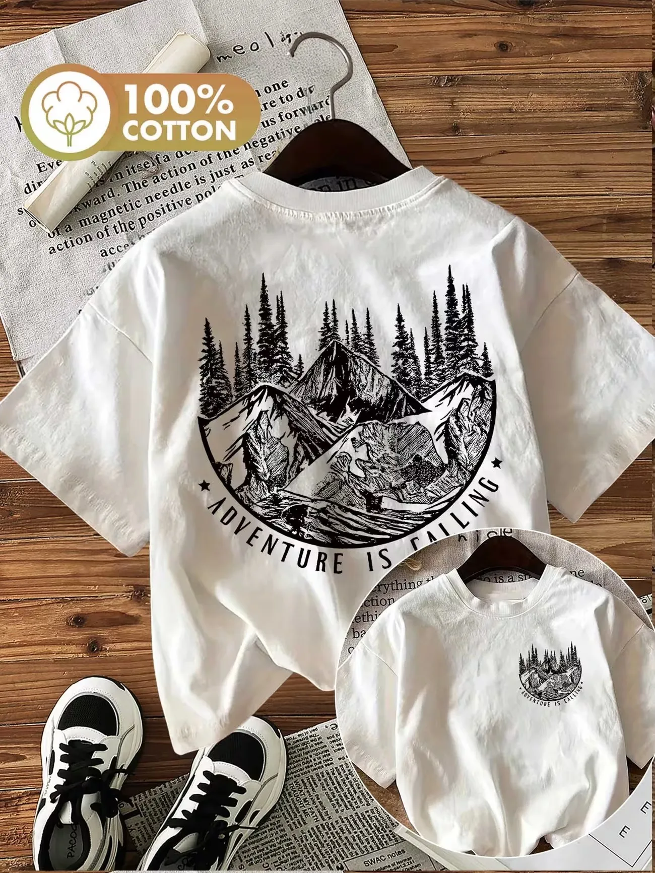 Adventure Is Calling Mountain Forest Baumwoll-T-Shirt für Damen mit Retro-Print, weiches Rundhals-Kurzarm-Oberteil, Vintage-Shirt mit Grafik