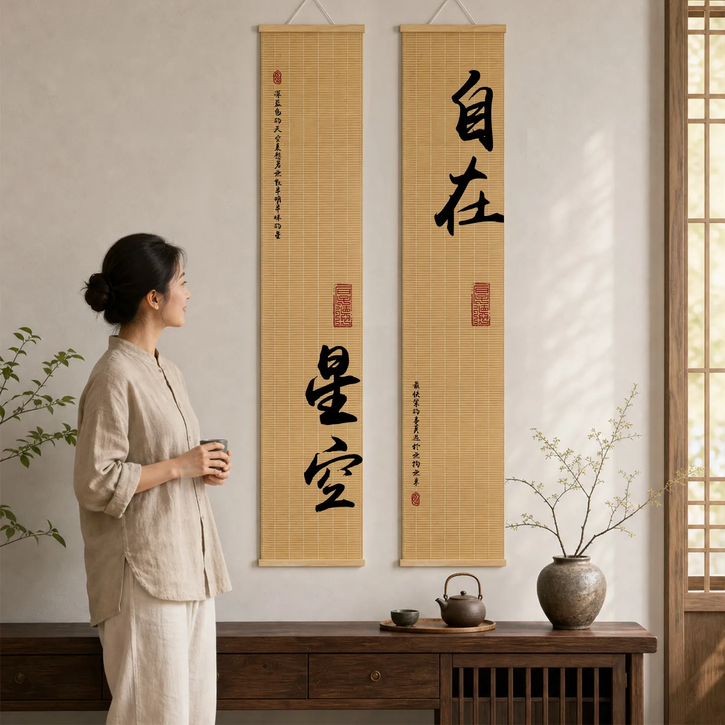 Wall Art Bamboo Scroll Paintings "See Mountains" "Listen to Wind" Wabi Sabi Tea Ceremony Classroom Tatami Room Digital Detox