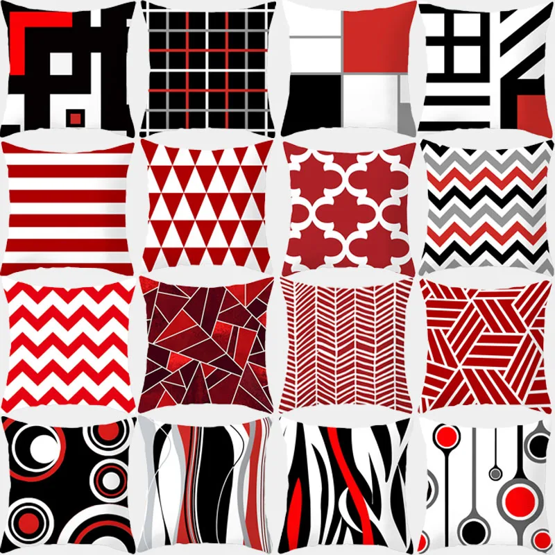 Red Geometric Cushion Cover 45X45 Pillowcase Decor Sofa  Polyester  Home