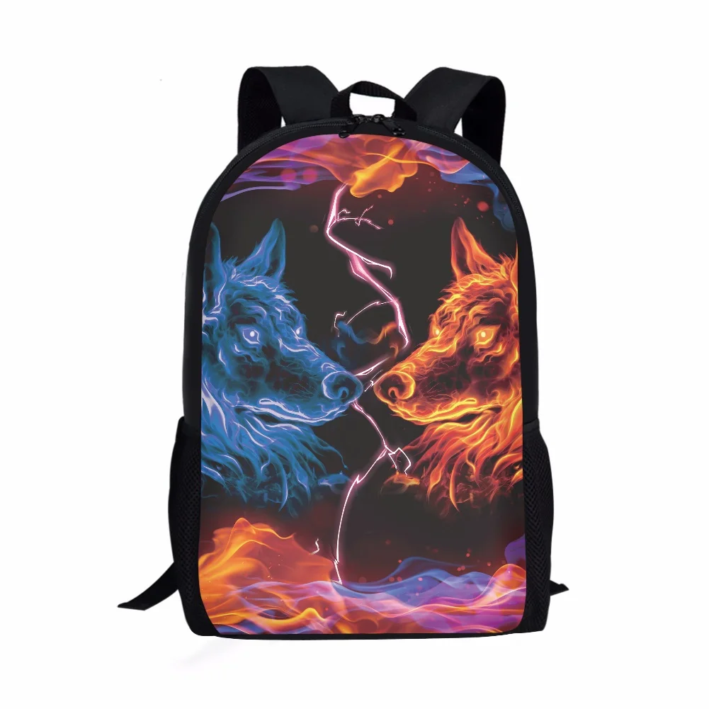 Mochila personalizable con estampado de lobo de fuego para hombre, morral escolar de 16 pulgadas, para adolescentes, niños y niñas