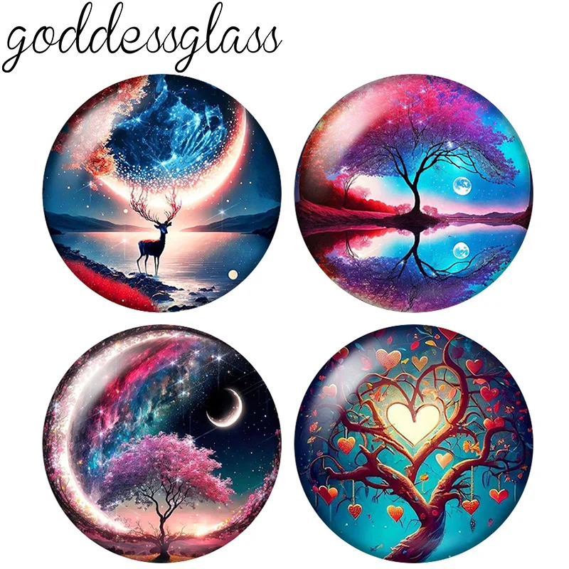 Moon night Life Tree Magical Tree  Beauty 10pcs 12mm/18mm/20mm/25mm Round Photo glass cabochon demo flat back Making findings