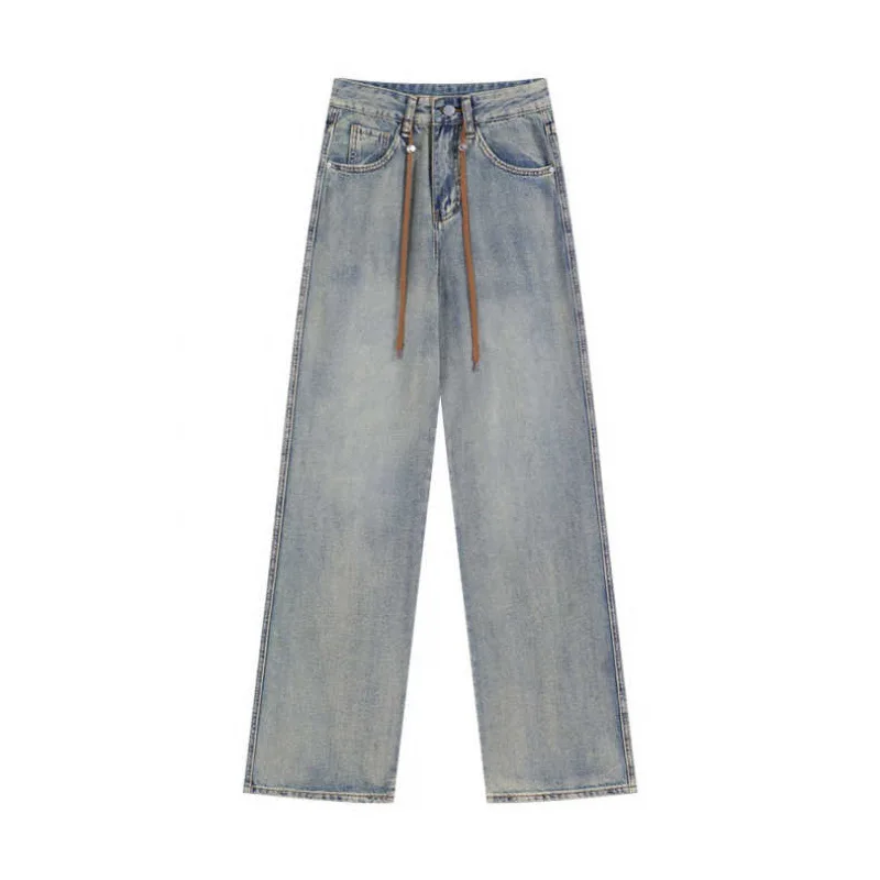 

High Waist Wide Leg Jeans Women's Spring Summer New Style Retro Denim Drawstring Light Color Floor-Length Pants