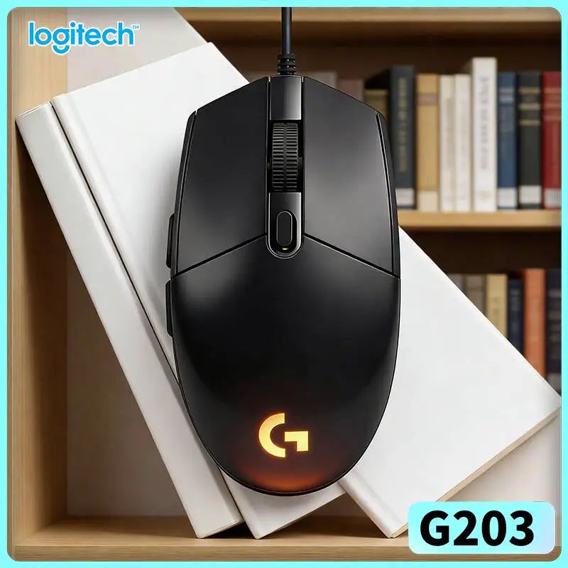 Logitech G203 wired gaming mouse consistent button click lifespan dynamic RGB light anti‑slip base USB desktop gaming