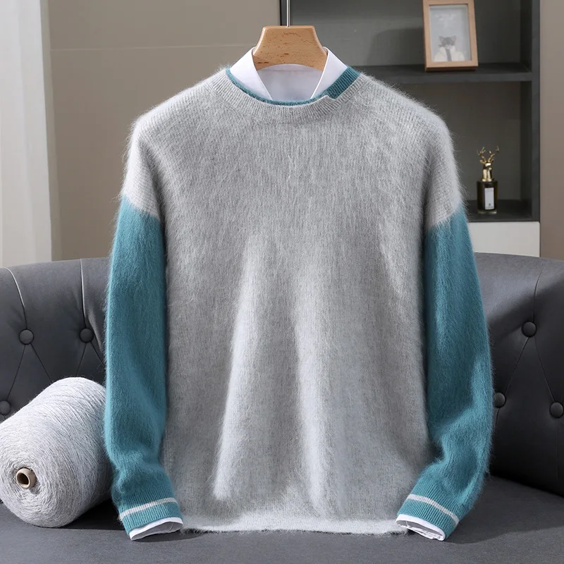 Men's 100% Mink Cashmere round Neck Pullover Sweater Long Sleeve Thickened Autumn Winter Business Casual Color Blocking Knit Top