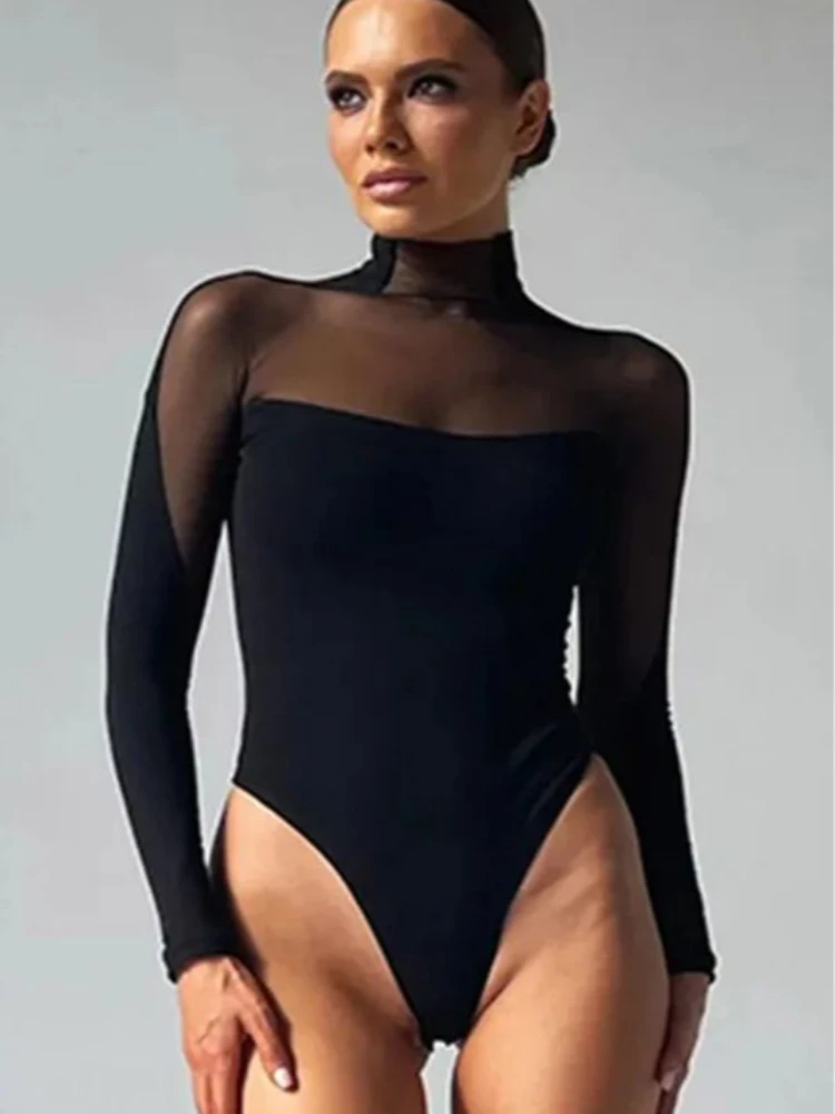 

2025 Women's Black High Neck Mesh Bodysuit - Sheer Long Sleeve High Cut Leg Slim Fit Sexy Edgy Party Clubwear Spring Summer