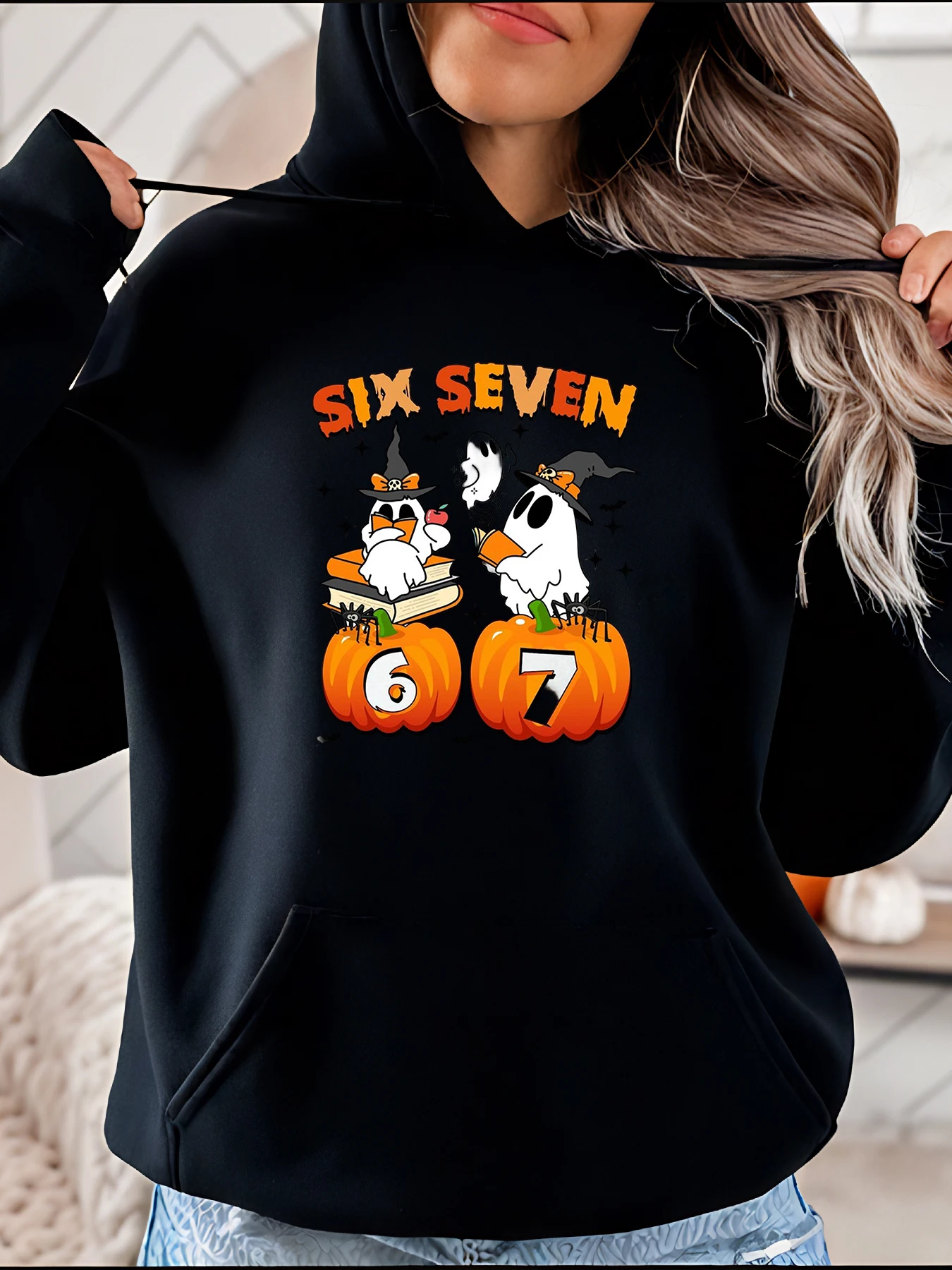 

Halloween Hoodie Six Seven Ghost Pumpkin Print Women's Casual Sweatshirt Autumn Seasonal Costume Outfit