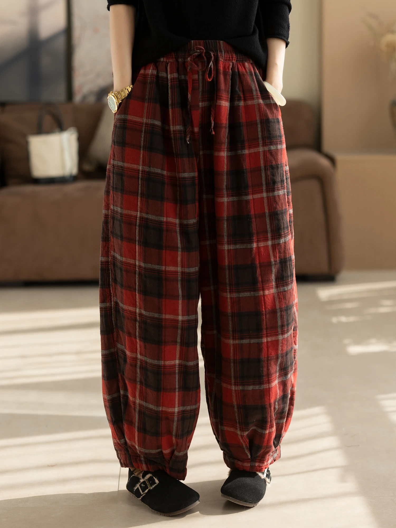 

C Woolen Plaid Cotton Pants Women's Winter Straight Artistic Loose Versatile Retro Ladies Ele Casual Thi Pants