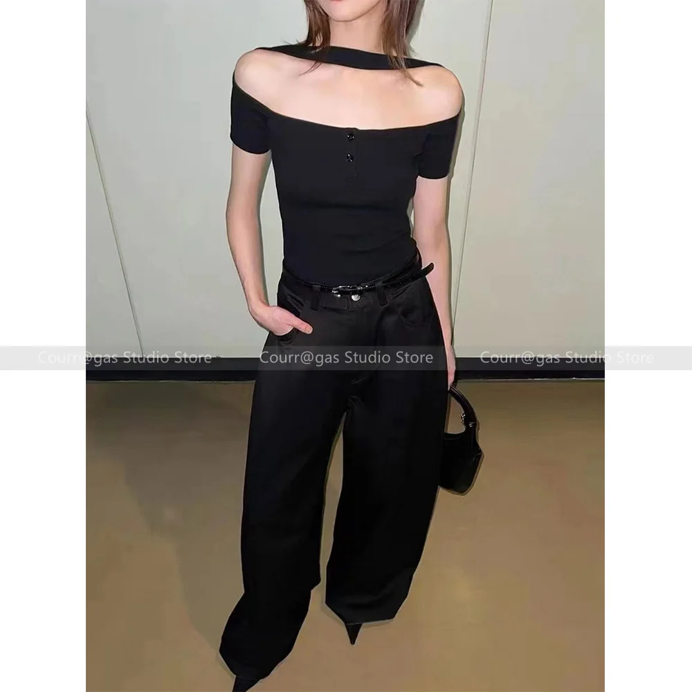 

2024 Summer Women's Threaded Hanging Neck Tops Sweet Spice Girls Strapless Slim Short Sleeve T-Shirt Women