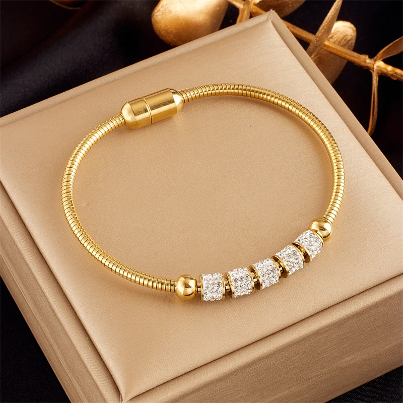 DIEYURO 316L Stainless Steel Gold Color Rhinestone Beaded Bracelet For Women Fashion Ladies Magnet Clasp Bangles Jewelry Gifts