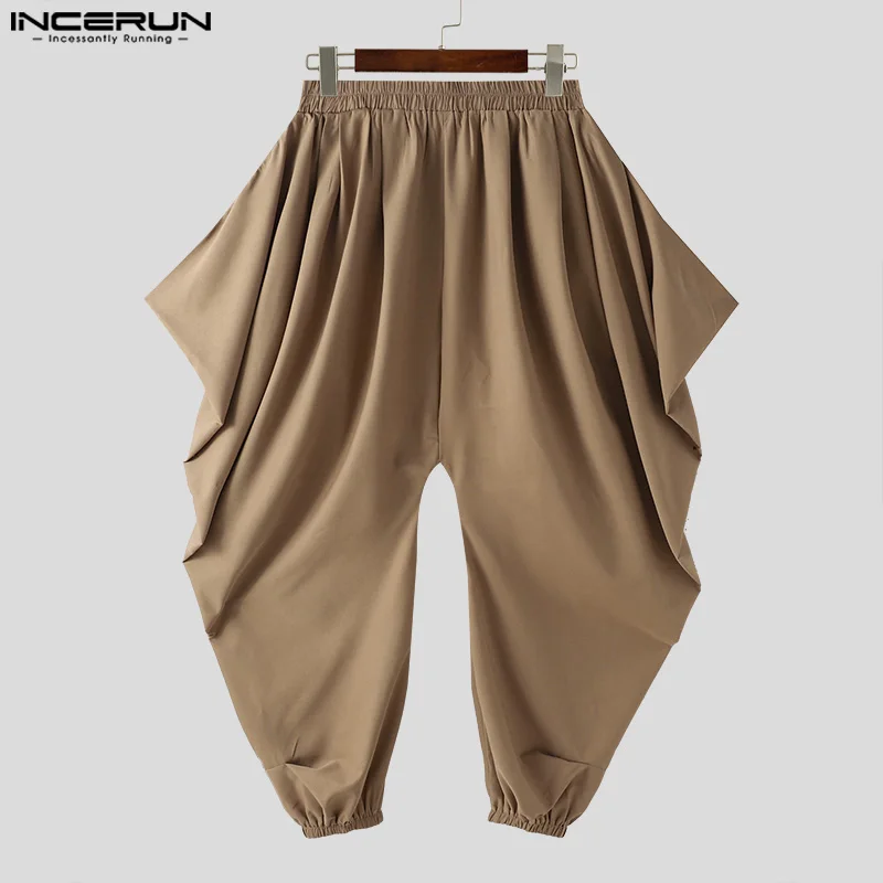 INCERUN Men Irregular Pants Solid Color Elastic Waist Joggers Loose Trousers Men Streetwear 2024 Drop-crotch Casual Harem Pants