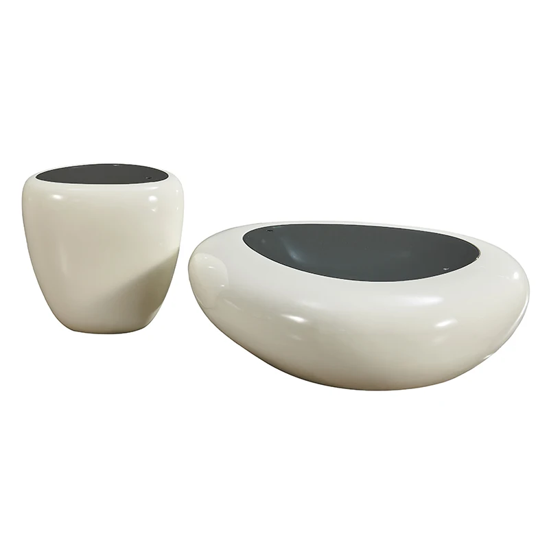 

# White Fiberglass Tea Table Oval Shape Coffee Table Glass Top Side Table
