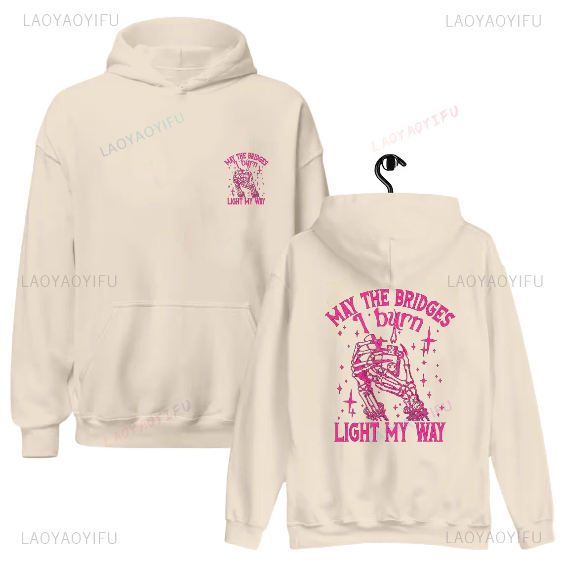 燃える橋が私の道を照らすように スカルヘッドパーカー ピンク ダークユーモア 面白い 女性 男性 冬 プリントシャツ 皮肉