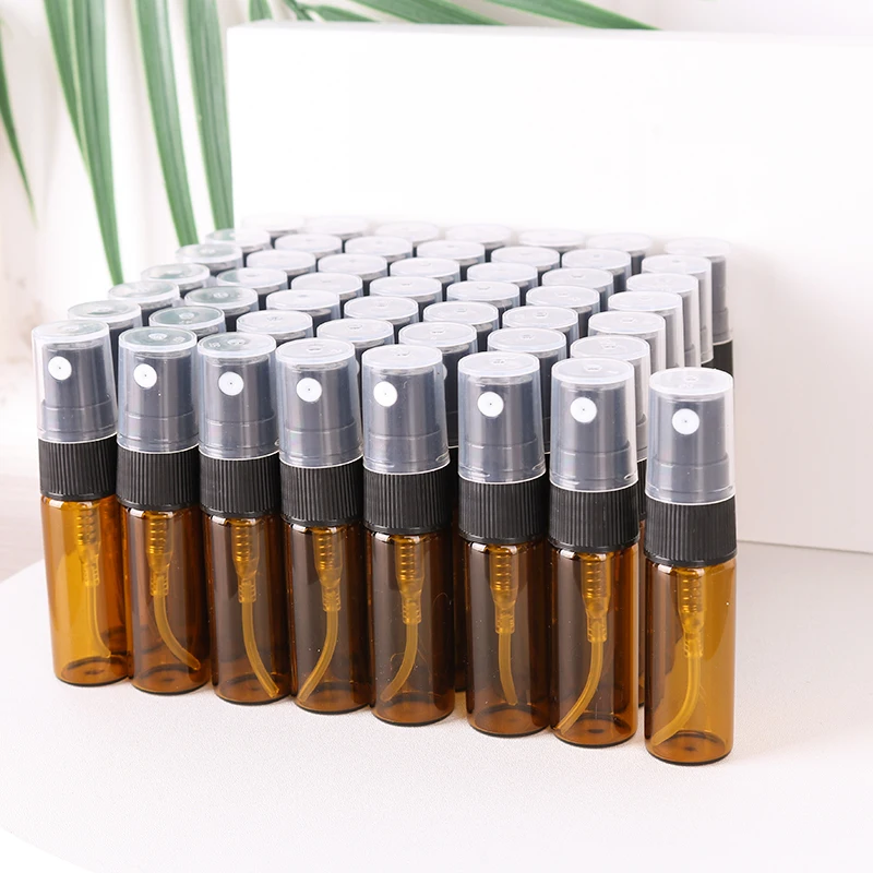 Hot sale 50/batch 3ml brown glass perfume bottle cologne essential oil ultra fine mist spray bottle mini travel essential