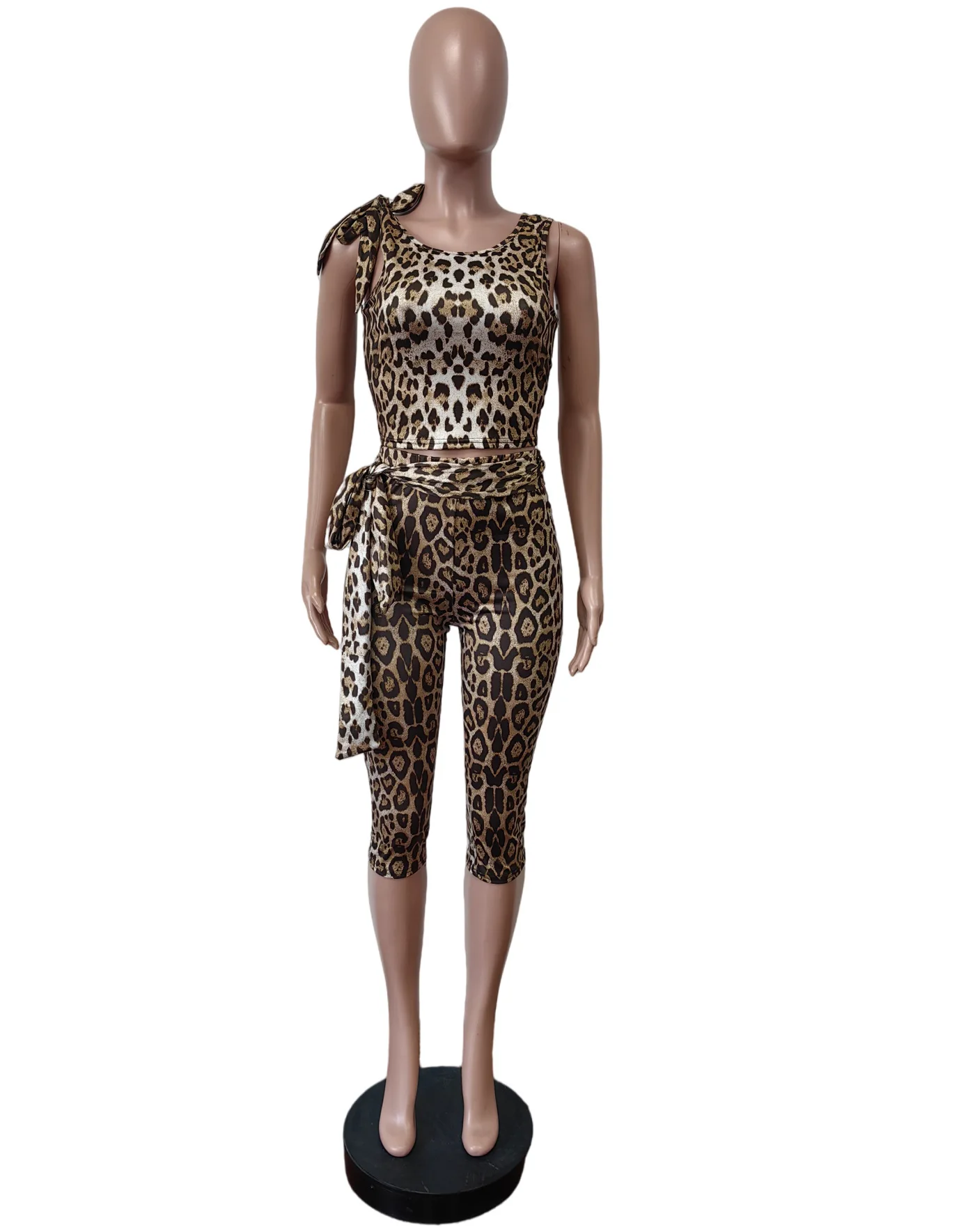 

Women Set Spring Summer Sexy Leopard Print 2 Piece Sets Women Outfit Sleeveless Bandage Elastic Patchwork Crop Top + Pants Suit