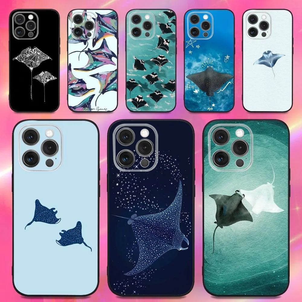 Capa de telefone Manta Ray Fish para iPhone 16,15,14,13,12,11,Pro,Max,Plus,X,XS,XR,SE,8,7,Mini, capa preta de silicone macio