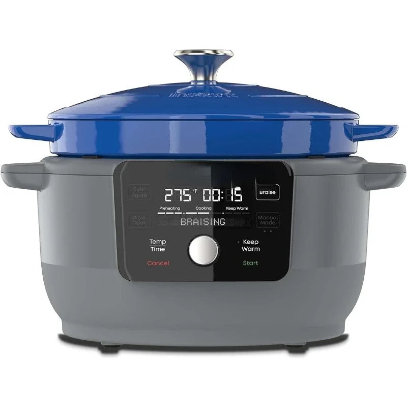 Instant Electric Round Dutch Oven, 6-Quart 1500W, 5-in-1: Braise, Slow Cook, Sear/Sauté, Cooking Pan, Food Warmer, Blue