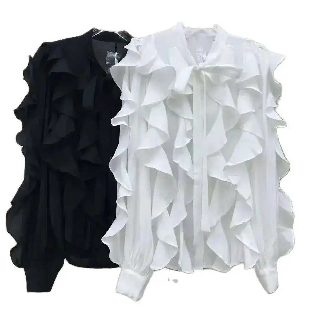 2024 秋の新エレガントなオフィスレディシャツ女性のための長袖フリルボタンアップブラウストップ Blusas