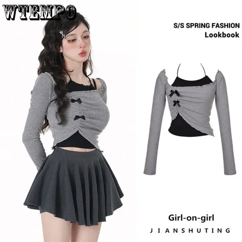 

Y2K Grey Two Piece Set Spicy Girl Top Slim Sexy Hotsweet Women Short Shirt Off Shoulder Long Sleeved T-shirt Hanging Neck Bow