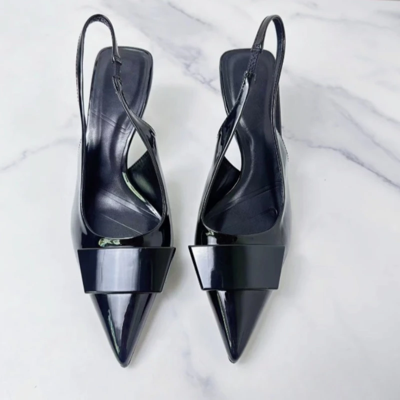 Pointed Toe Women Dress Shoes Black Patent Leather Summer Ladies Slingback Stilettos 2025 New Fashion Ladies High Heeled Sandals