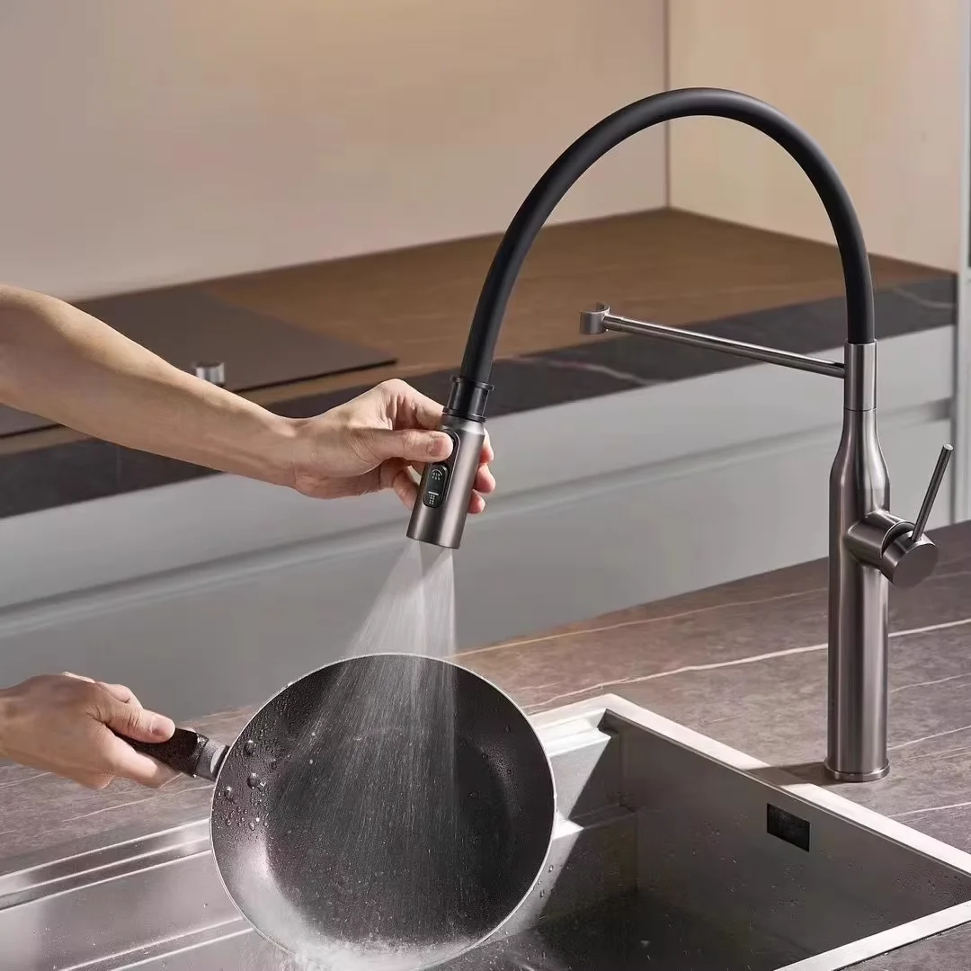 SINLAKU Grey Pull Out Kitchen Faucet Stainless Steel Kitchen Sink Mixer Tap with Flexible Spout Hot Cold Water Tap for Kitchen