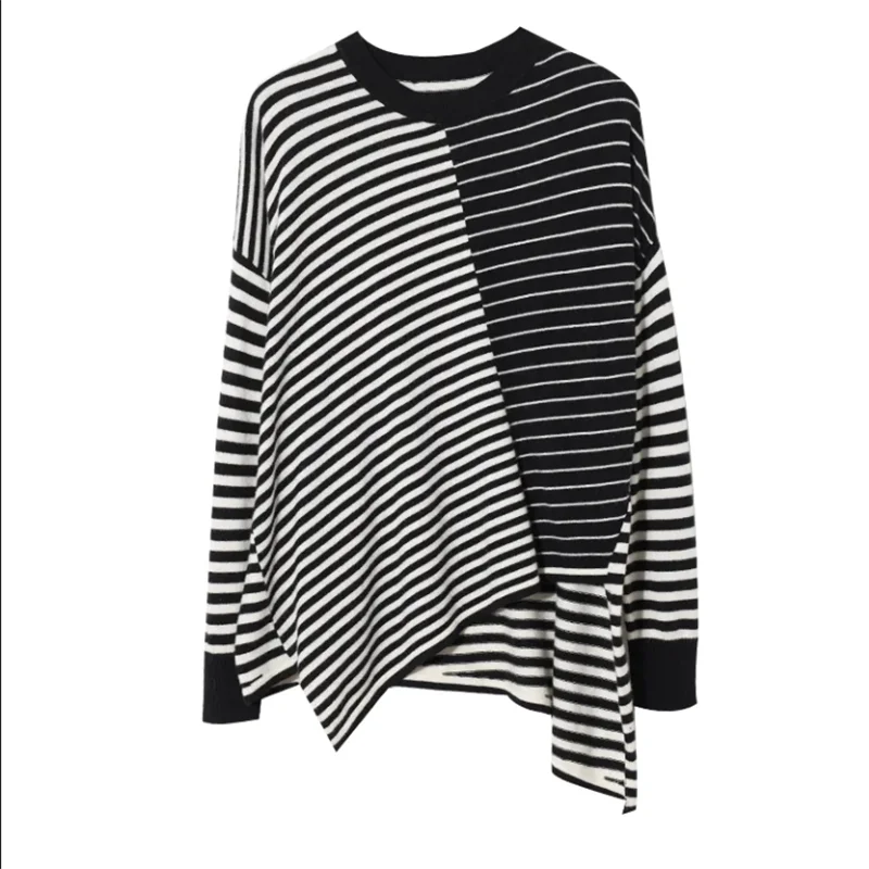 Round Neck T-shirt Women\'s Striped Tshirt Blous Pullover Contrasting Shoulder Down Top for Women Asymmetric Tshirt Female Tees