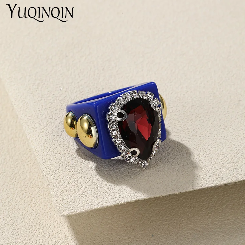 Luxury Colorful Big Heaet Red Rhinestone Rings Sets for Women Geometric Square Large Punk Finger Ring Girls Party Female Jewelry