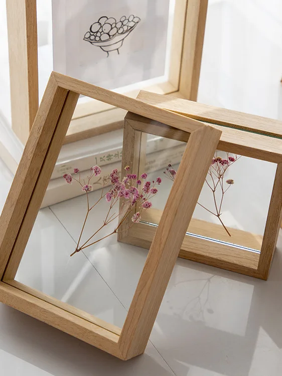 Modern Minimalist Double-Sided Transparent Real Wood Picture Frame Display Stand 8 Inch 10 Inch High Transparent True Glass P...