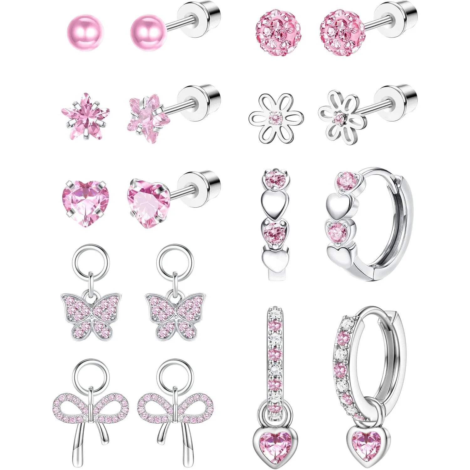 Florideco Hypoallergenic Stud Hoop Earrings Set for Women Surgical Steel Cute Pearl Flower Butterfly Earring Jewelry Gifts