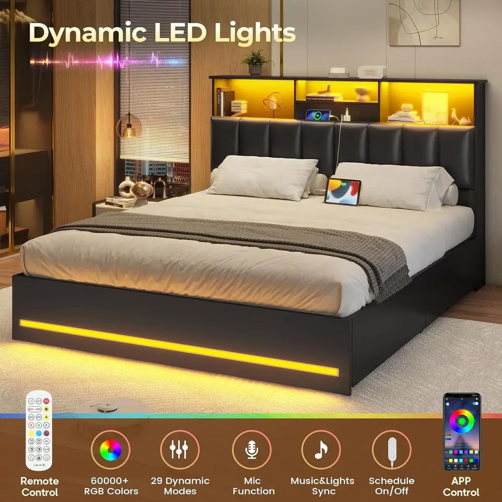 إطار سرير خشبي كوين مع لوح أمامي لخزانة الكتب، وأضواء LED، ومنافذ شحن، وأدراج تخزين، باللون الأسود #5