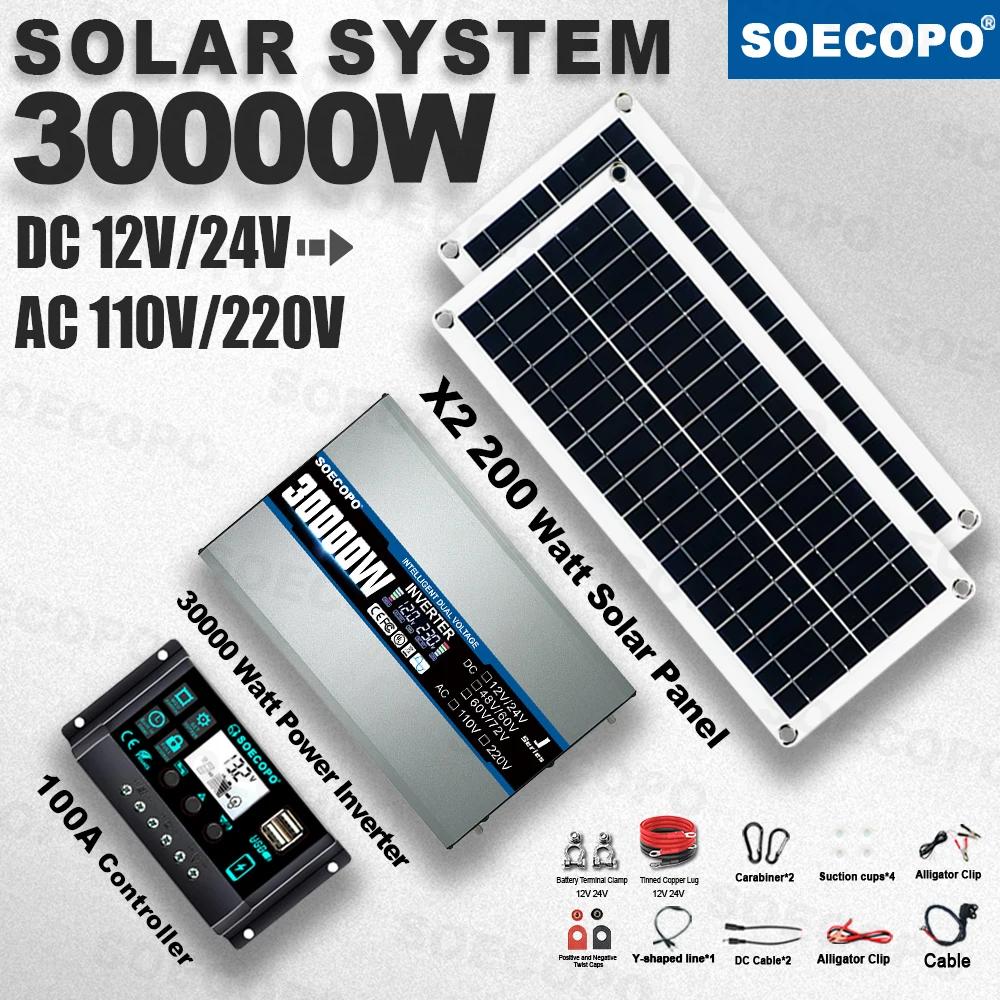 

SOECOPO Durable 30000W Solar Kit 2×200W Panel 100A Controller 12V/24V DC to 110V 220V AC Inverter for boat RV Fishing Road Trip