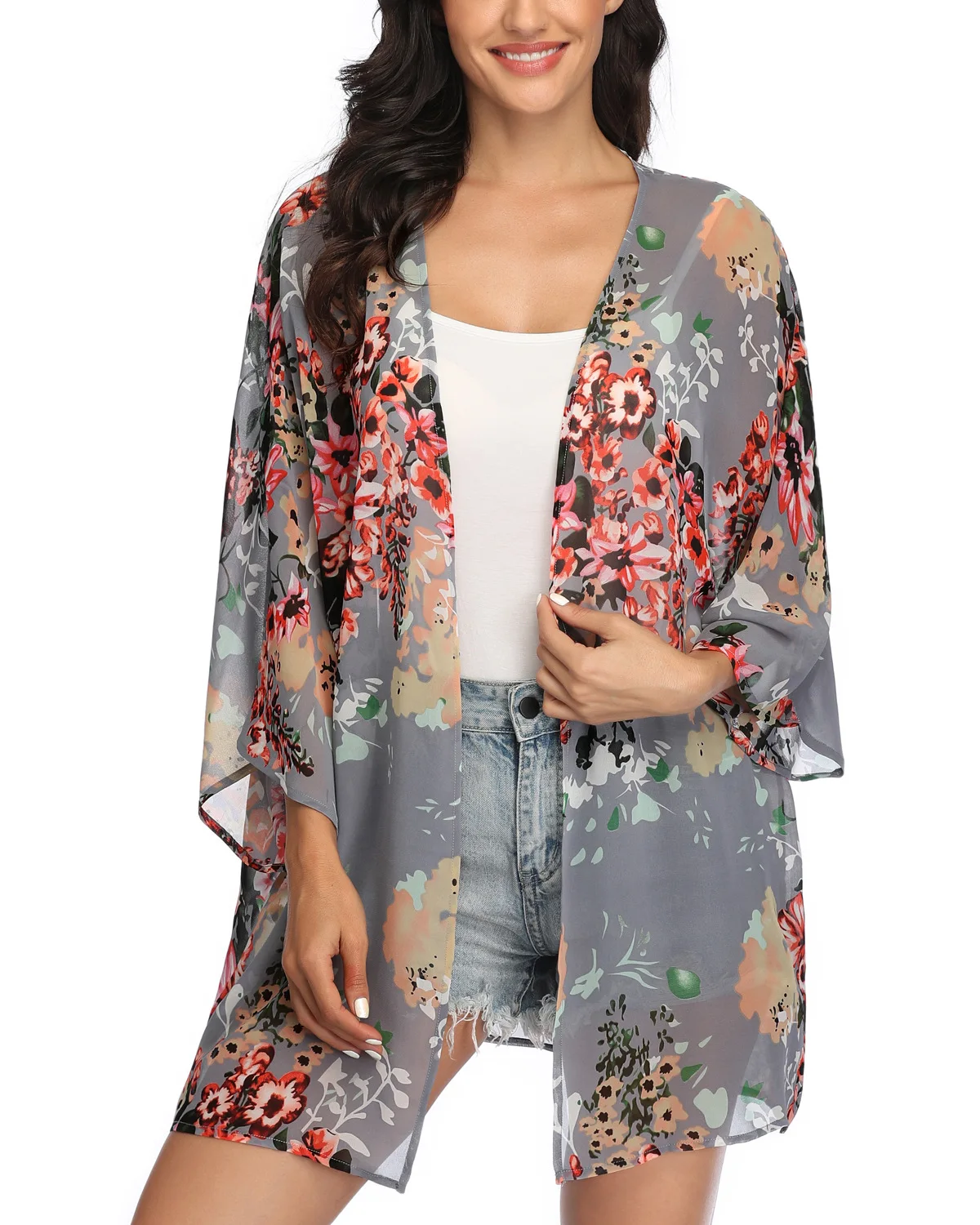 Clothes Women Chiffon Shawl Floral Print Kimono Cardigan Top Large Size Loose Beachwear Cover Up Blouse /PT