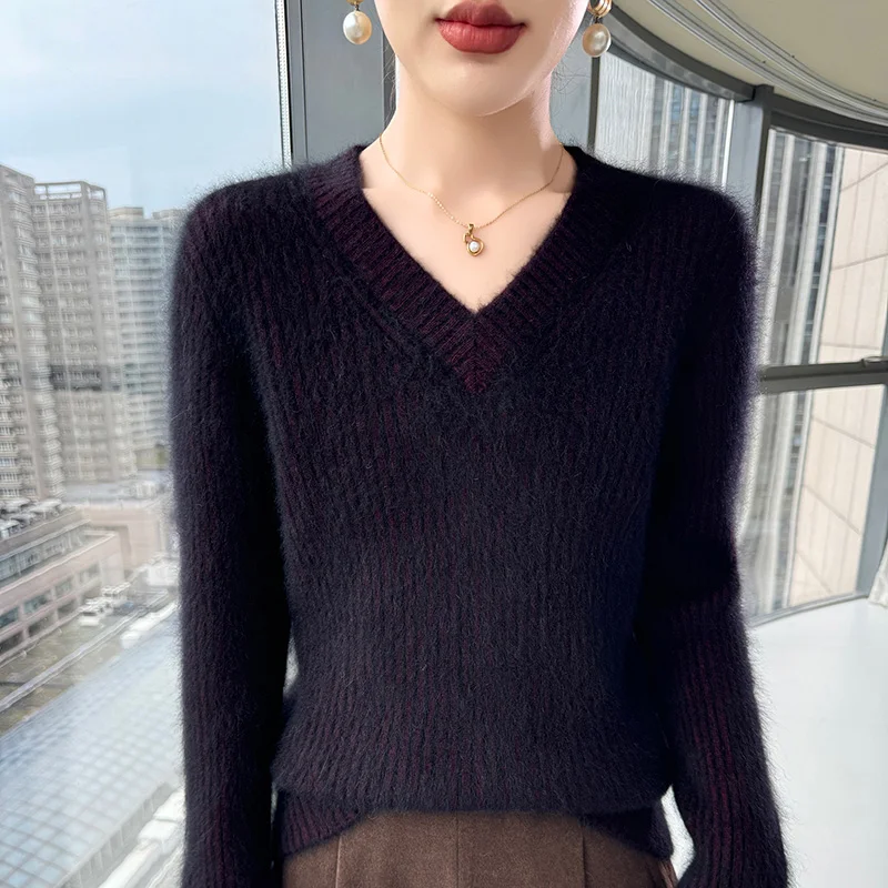 Basique femmes 100% vison cachemire pull solide pull nouveau automne hiver chaud à manches longues col en v cachemire tricots vêtements haut