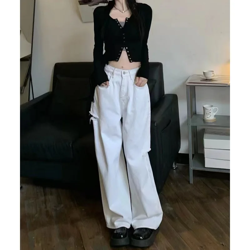 

White Jeans Women Worn-out High Waisted Baggy Pants American Fashion Streetwear Denim Autumn Y2K Style Straight Wide Leg Trouser