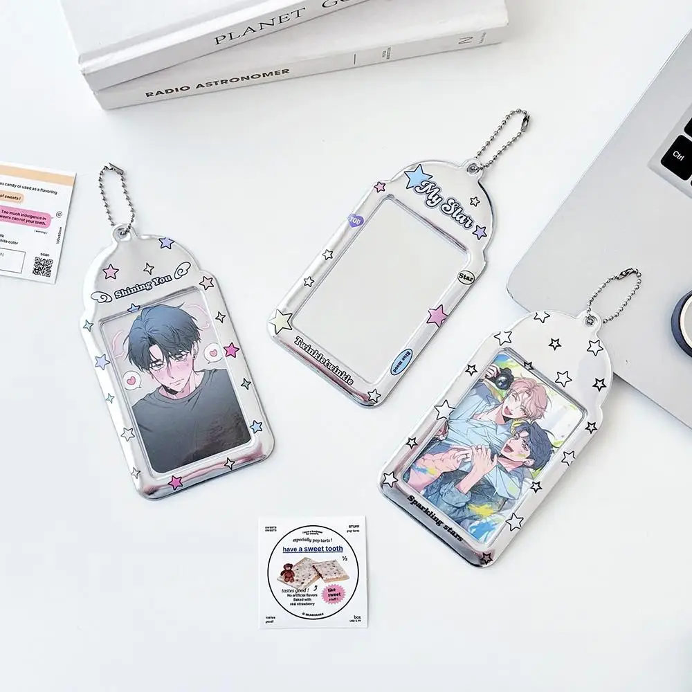 3 Inches Kpop Photocard Holder with Keychains Silver Star PVC Idol Card Protective Sleeves Bag Pendant School Stationery