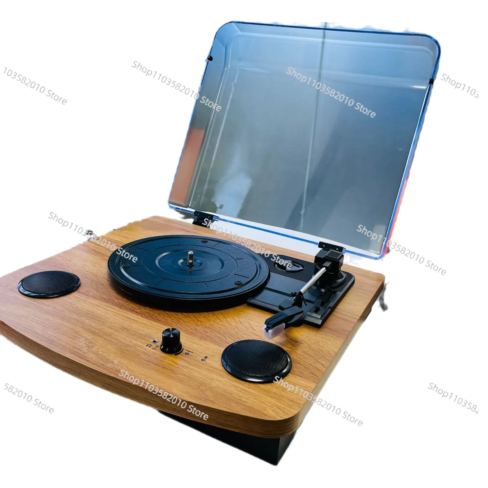 Classic retro vinyl record player, new classical transparent dust cover Bluetooth speaker, wooden phonograph stereo