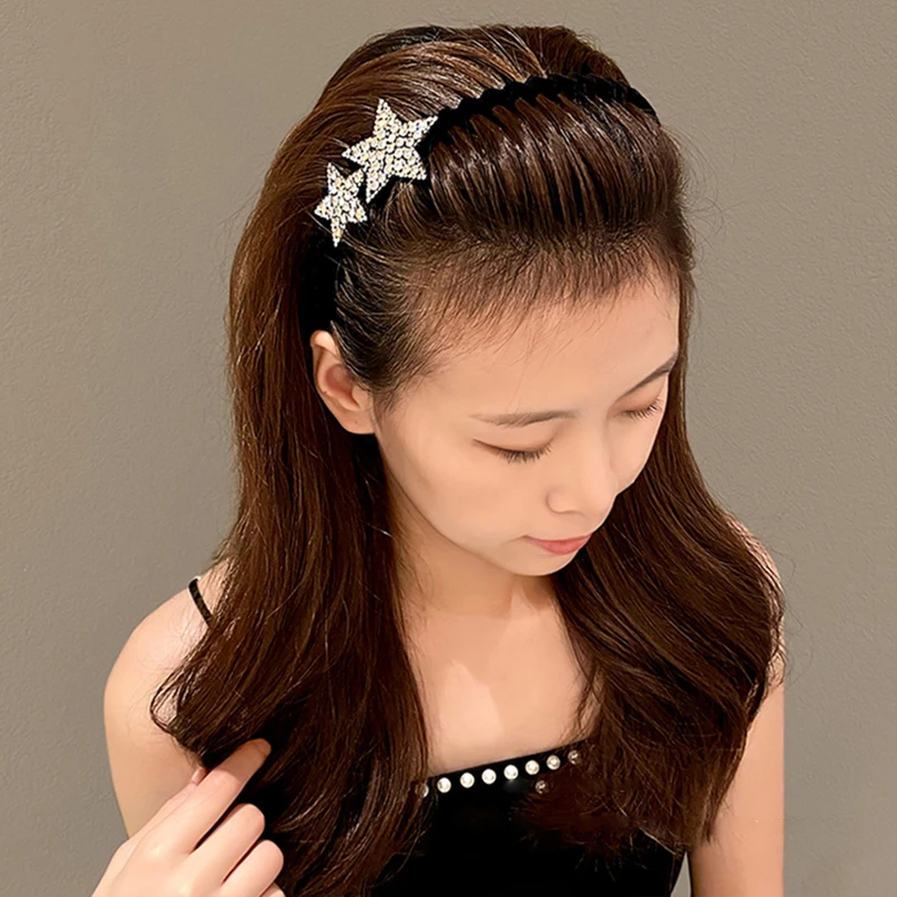 AWAYTR Rhinestone Five-pointed Star Hair Bands Flocking Face Wash Hairband Women Teeth Hair Pressing Headband  Hair Accessories