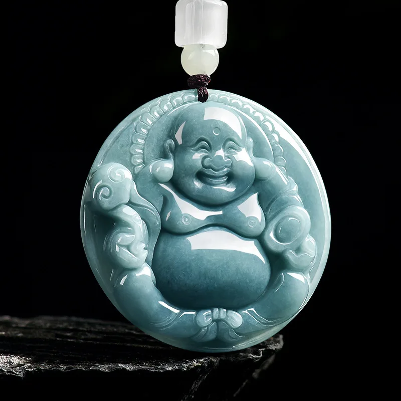 

Real Natural Blue Water Jade Smiling Buddha Pendant Necklace Carved Charm Jadeite Jewelry Fashion Amulet Gifts for Men Women