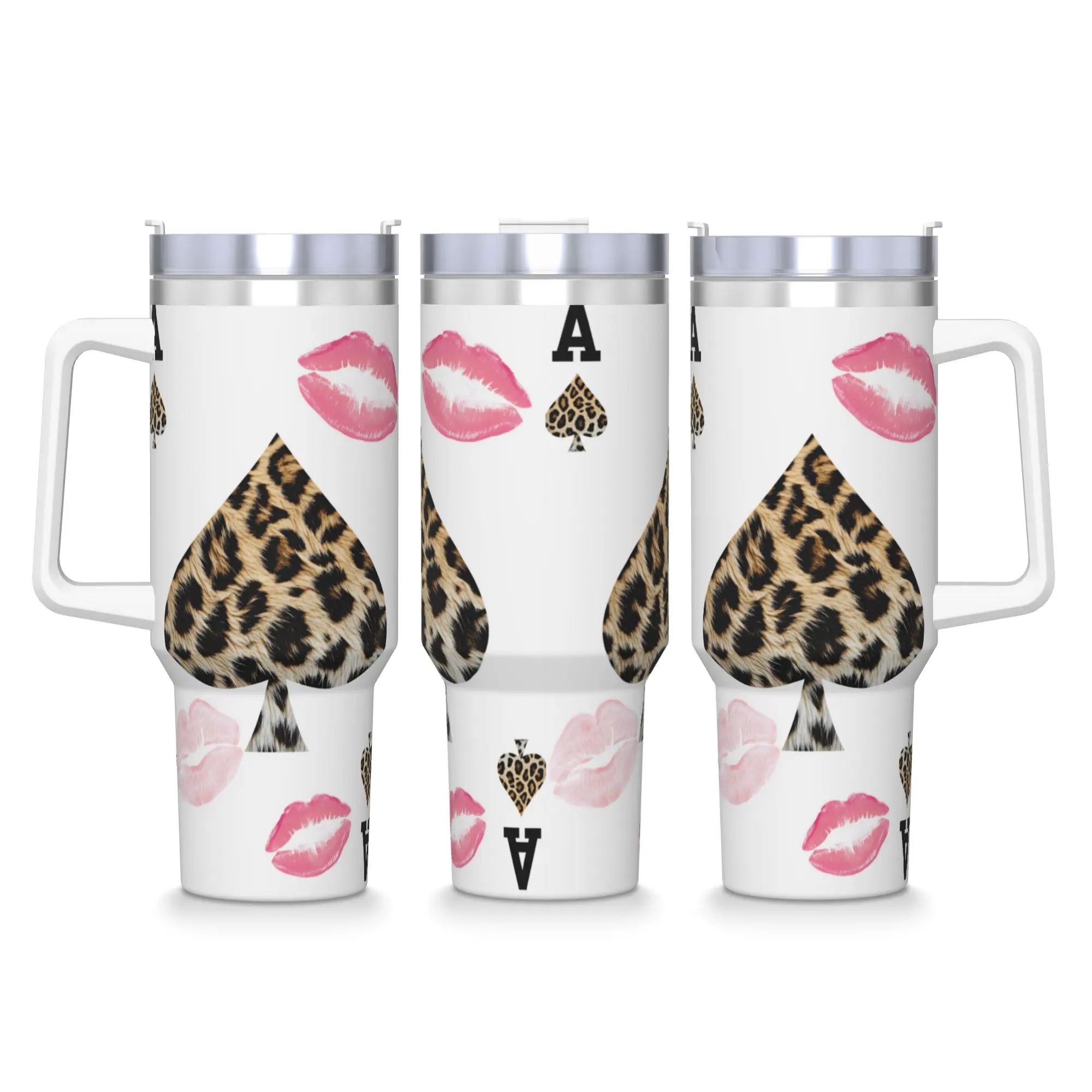 Stainless Steel Tumbler Leopard & Card Print Mugs Cup With Straws  Driving Cold Drink Water Bottle Portable 40oz Thermal Cups