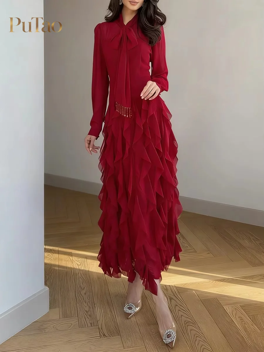 Putao Women Wine Red Bow Neck Chiffon Formal Dress Long Sleeve Beaded Tassel Multi Layer Ruffle Skirt Wedding Evening Gown