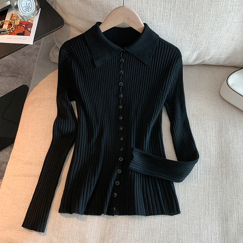 سيولش أنيقة واحدة الصدر بولو طوق المرأة سترة مشغولة من الصوف كم طويل البلوزات غير رسمية سليم الأعلى الإناث 2025 جديد