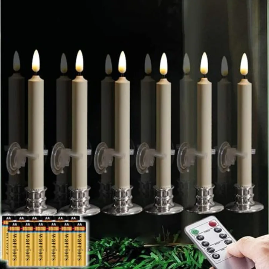 

6PACK Flameless attery Powered 8'' Taper Windows Candles, Include 12 AA Batteries, with Remote and Timer, with Suction Cup and