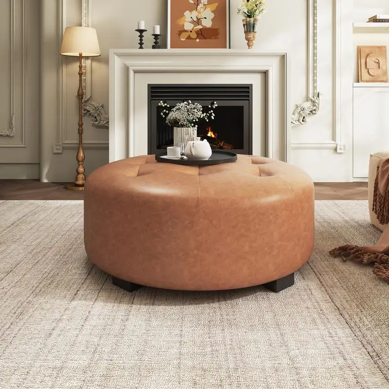 

Round Ottoman, Upholstered, Button Tufted, PU Material, Orange Brown, Stylish Home Decor, Comfortable Seating Option, Versatile