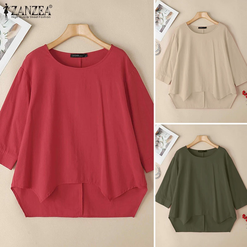 ZANZEA Lässige Baumwoll-Bluse für Damen mit 3/4-Armel, O-Ausschnitt, einfarbigem Hemd, asymmetrischem Saum, locker geschnitten, übergroße Urlaubstunika, Größe 3XL – Detail 13
