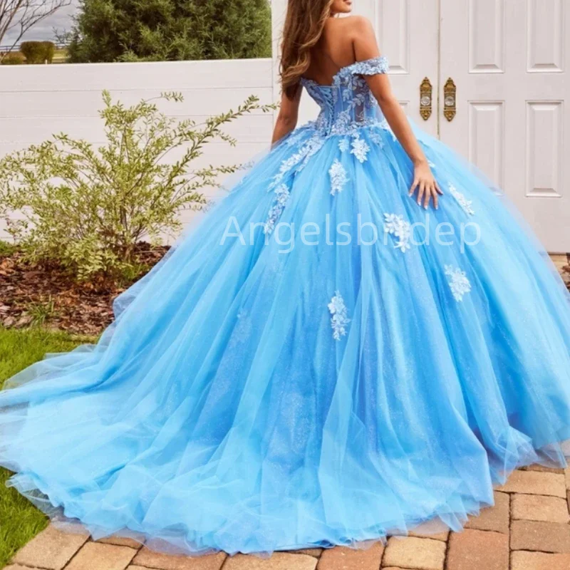 Angelsbridep-vestido de baile feminino de tule, azul céu, vestidos Quinceanera com brilho, vestido de festa, vestidos elegantes, 2020