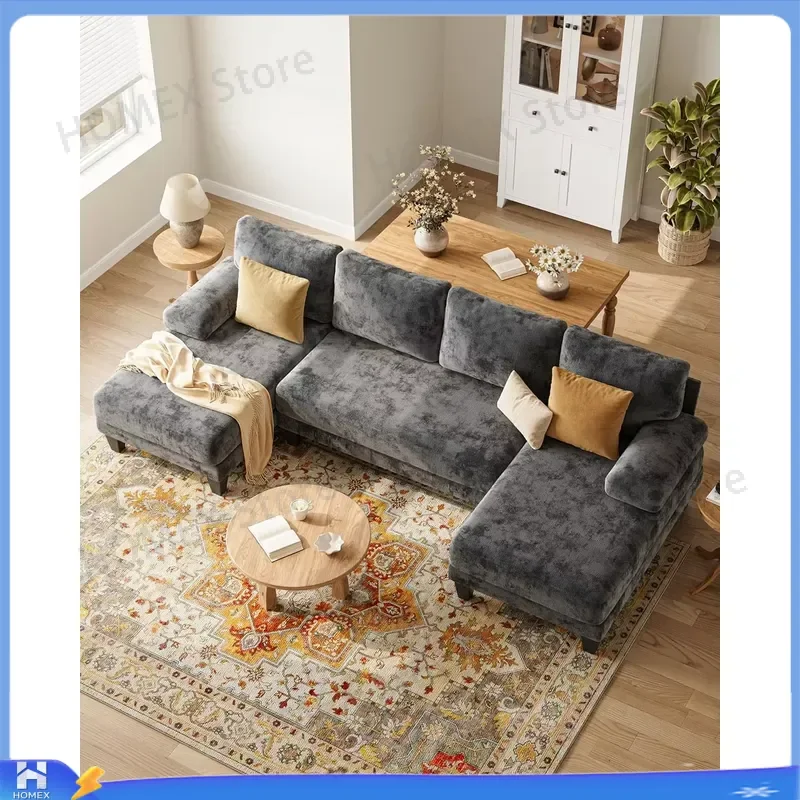 U Shaped Sectional Sofa for Living Room Chenille Fabric Double Chaise Lounge 112 Inch Dark Grey Large Corner Couch