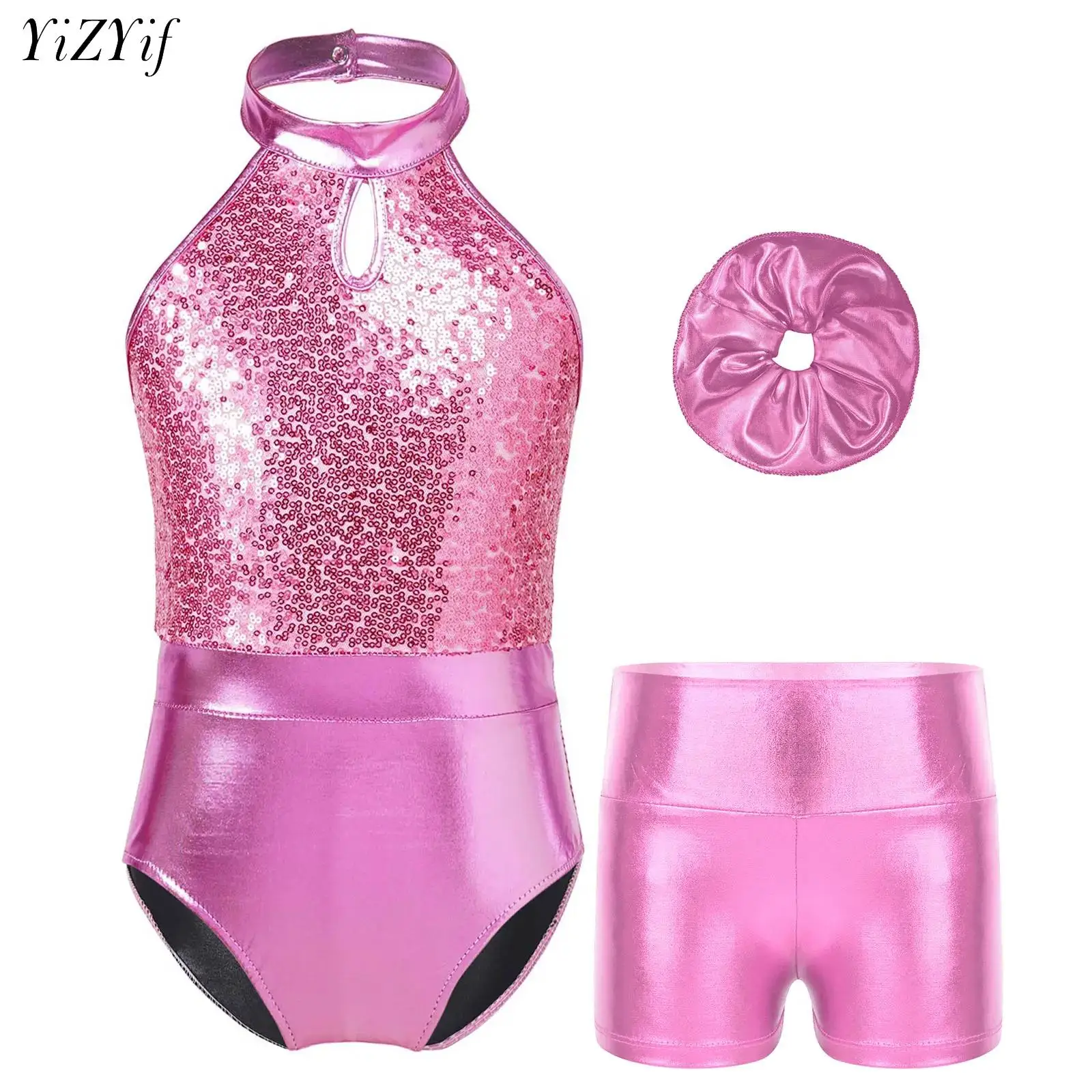 Kids Girl Ballet Dance Gymnastic Leotard Sleeveless Bodysuit with Shorts Hair Band Set Stage Performance Dancewear Sportswear