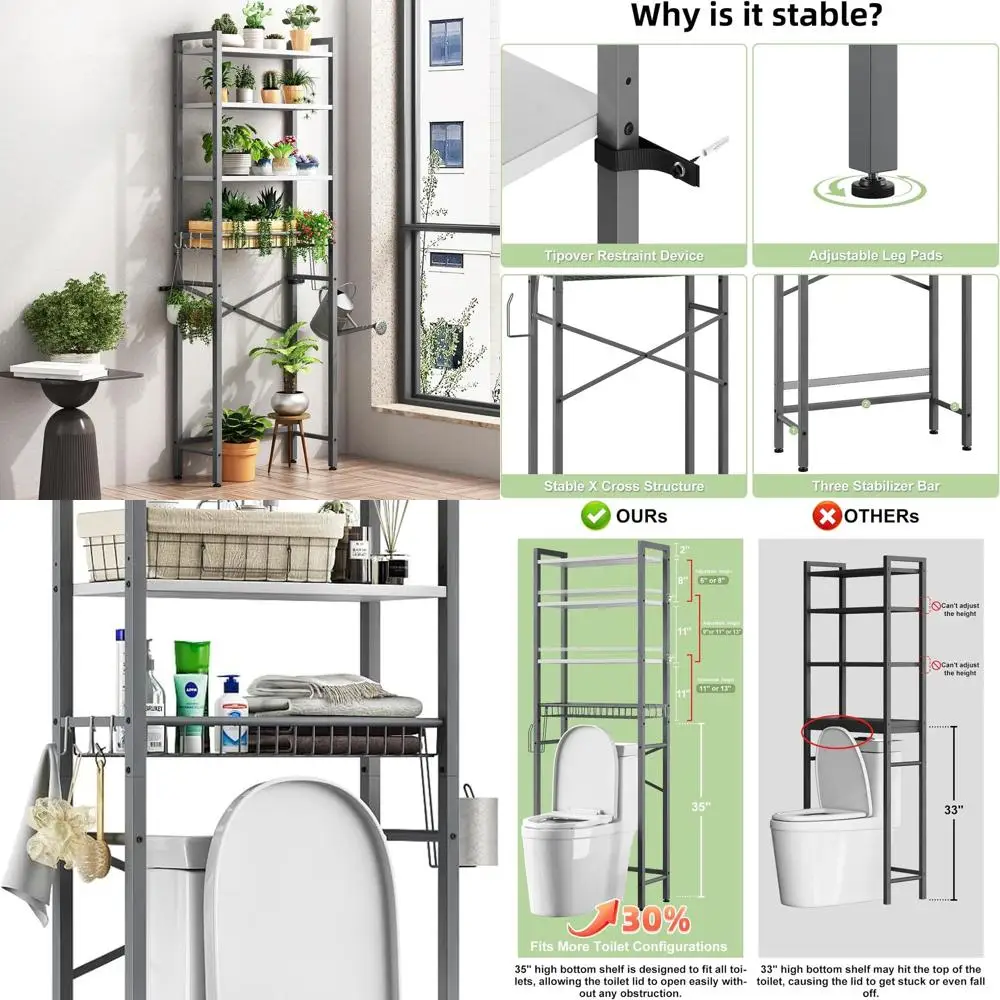 

4-Tier Over Toilet Storage Shelf with Adjustable Levels and Basket, Space-Saving Bathroom Organizer in Gray-White
