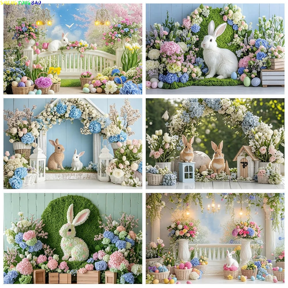 

Spring Colorful Floral Rustic Wall Easter Day Background Garden Flowers Birthday Party Rabbit Eggs Photography Backdrop UJ-01