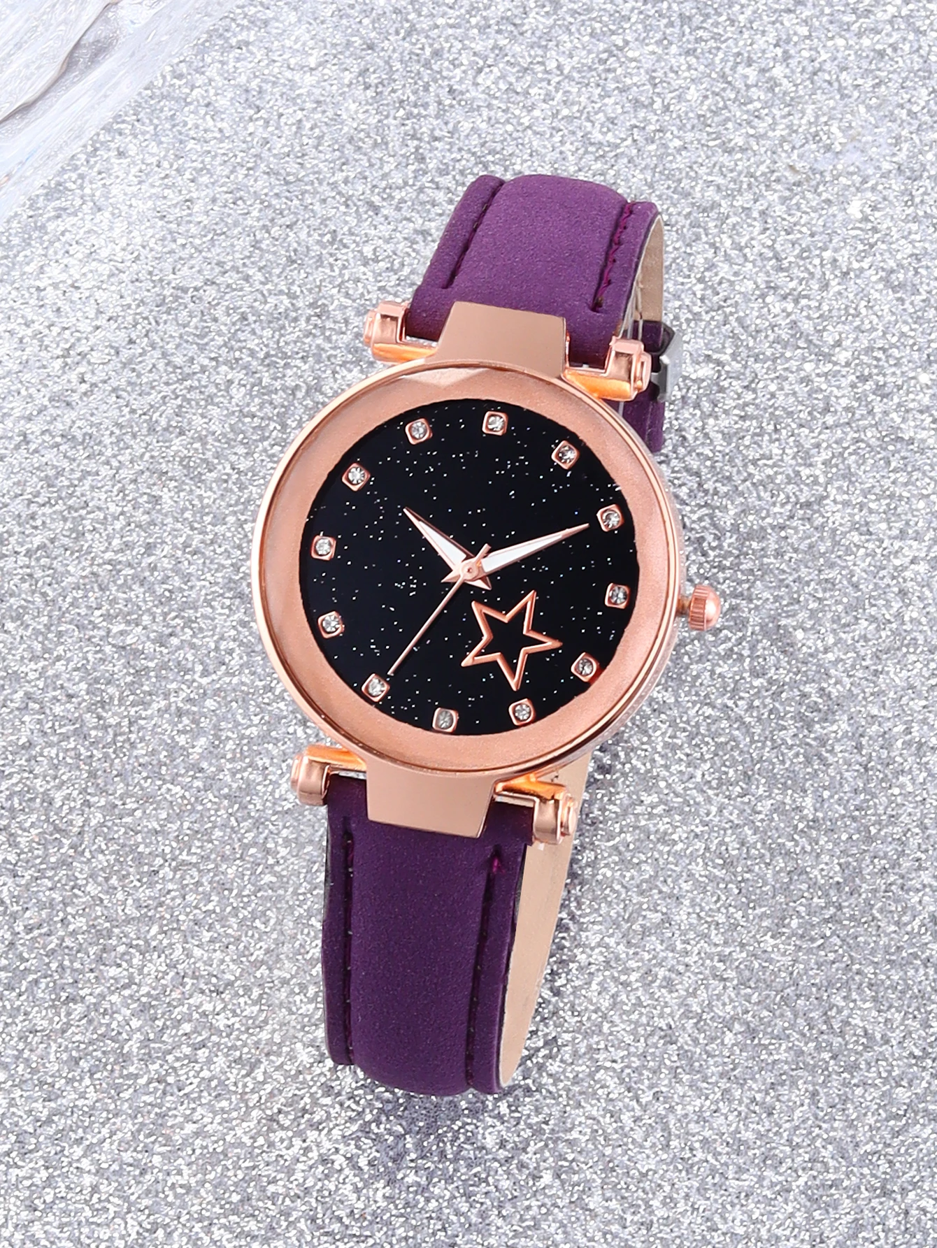 Purple fashion five-pointed star alloy leather women\'s quartz watch and purple hollow necklace set birthday gift wear pieces